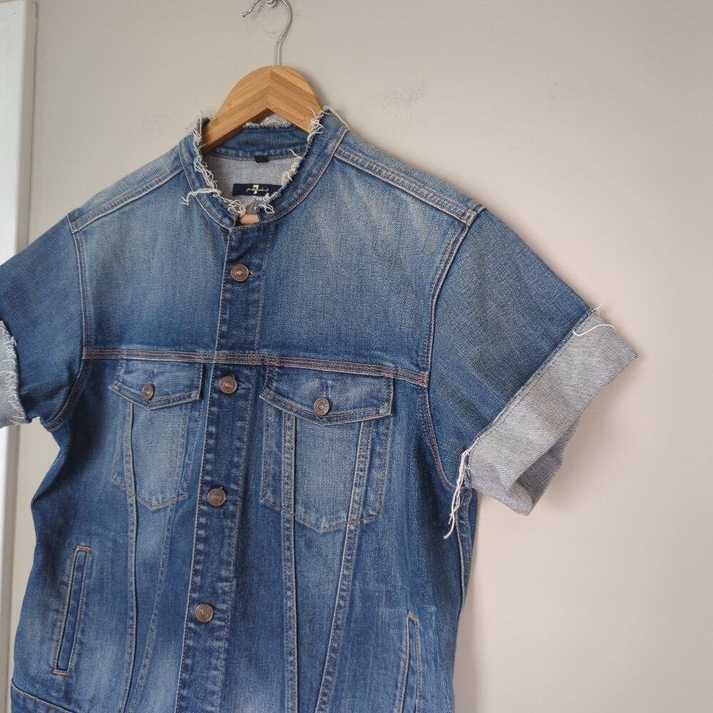 7 For All Mankind Raw Edge Short Sleeve Denim Jacket Large Streetwear Grunge - Picture 2 of 6